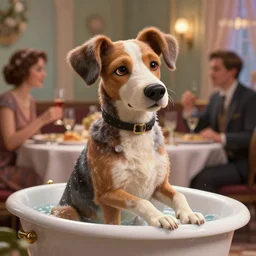anthropomorphic dog in breakfast at tiffany's, anatomy, bathed in light, highly detailed, photorealistic, artstation, smooth, sharp focus, illustration, unreal engine 5, 8 k, art by artgerm and greg rutkowski and edgar maxence