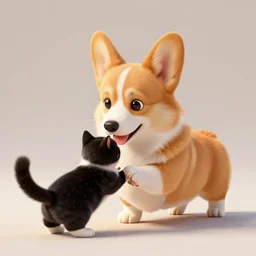 an orange corgi playing with a tuxedo cat, ultra definition, photoreal, artstation, unreal engine rendered, concept art, smooth, sharp focus, illustration, art by artgerm and greg rutkowski and alphonse mucha and garis edelweiss