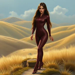 girl with long hair in burgundy snake skin bodysuit in hills biome high heels, highly detailed, digital painting, watercolor, soviet realism, engraving, artstation, concept art, smooth, sharp focus, vivid grunge, manga, illustration, unreal engine 5, 8 k, art by bilibin and kilian eng and kuvshinov and malevich and mucha
