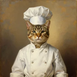 cat wearing a chef suit and chef hat proudly posing for a portrait. centred. painted by rembrandt. intricate, ultra - detailed painting. atmospheric lighting. golden hour