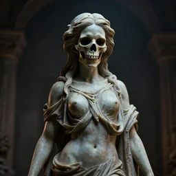goddess statue with skeletal face, dramatic atmosphere, 4 k, unreal engine
