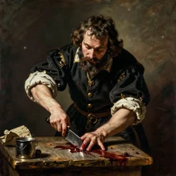 yuri mustadt the butcher of moscow painted by peter paul rubens, realistic, gritty, elegant, bloody, dramatic lighting