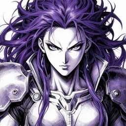 close up portrait of a pale woman in power armor with intricate purple hair, powerful, domineering, stoic, masterful, intense, ultrafine hyperdetailed illustration by kim jung gi, irakli nadar, intricate linework, sharp focus, octopath traveler, yoji shinkawa, yoshitaka amano, concept art