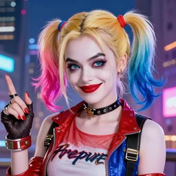 Harley Quinn in cyberpunk clothes, smiling softly, closeup shot, city background, vibrant colors, 4k, artstation, artstationHD, digital art