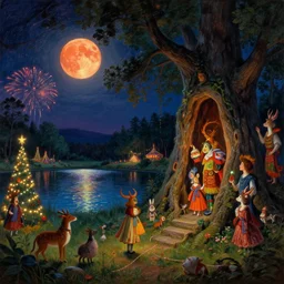 a night carnival around a magical tree cavity, with a surreal orange moonlight and fireworks in the background, next to a lake with iridiscent water, christmas lights, folklore animals and people disguised as fantastic creatures in a magical forest by summer night, masterpiece painted by frederic leighton, dark night environment