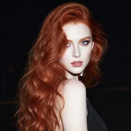perfect glamour model, long red wavy hair, pale skin, dramatic, night, strong, photographic