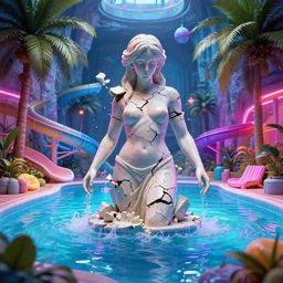 a hyperrealistic 3 d render of a broken statue in a surreal underground swimming pool surrounded by palm trees water slides and neon lights, vaporwave, unreal engine, octane render, dramatic lighting, volumetric lighting, neon lighting, ultra detailed, photorealistic