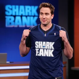 Mark Cuban with a basketball shirt, investing in a company, in Shark Tank (2016)