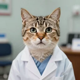 a cat staring forward in concern wearing a lab coat