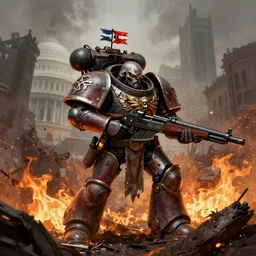 Washington DC Apocalypse, Warhammer 40K, Fire realistic war death gunfire ruined details In the art style of Caspar David Friedrich