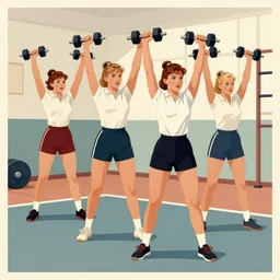 girls weighlifting dumbells in a gym, very coherent, 1 9 5 0 s propaganda poster art, four tone, muted colors