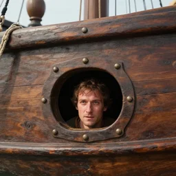 A man with his head stuck in the hole of a medieval galley, realistic, view from outside the ship 4k