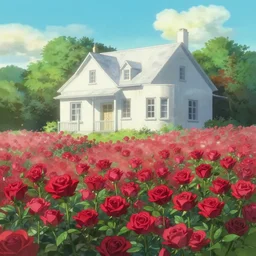 in the dreamlike sea of flowers, a lot of red roses, a simple and atmospheric white villa, diffuse light, by makoto shinkai