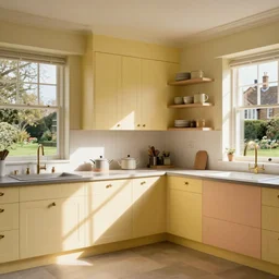 traditional style modern english kitchen natural lights, victorian countryside townhouse home interior, yellow and cream and peach colors cozy