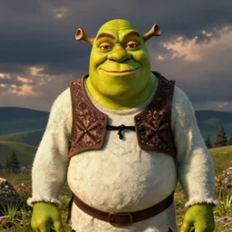 Shrek as played by Brad Pitt smirking at the camera,