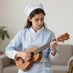 a greek nurse playing ukulele