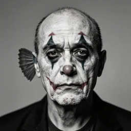 photographic portrait of a wrinkly sad anglerfish face wearing clown makeup, by max ernst and alfred pellan