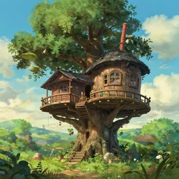 treehouse, solarpunk studio ghibli, octane render, 4 k