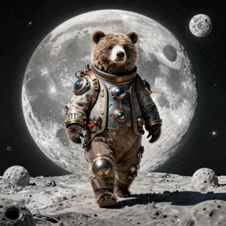 bear walking on the moon in a suit, front view, ultra wide angle, 8 k, steampunk, epic retrowave art