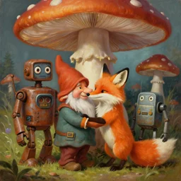 painting depicting a gnome and a fox embracing under a large mushroom, a friendly rusty robot, gnome, fox, robot, in the style of peter mohrbacher, michael cheval, octane render, unreal engine, trending on artstation
