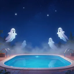 night sky with stars, halloween ghosts, vintage swimming pools, lush fog, deep blue mood, contemporary archival color photograph print from the original negative, cinematic