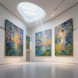 interior futuristic art gallery wide angle highly detailed by santiago calatrava, wall hanging paintings of art by monet! and wlod, captivating 8 k hdr, octane render godrays