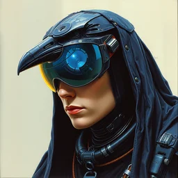 indigo mech droid raven black bird. visor. science fiction, portrait by donato giancola and greg rutkowski and wayne barlow. 1 9 9 8 cover. top all time r / imaginarycyberpunk.