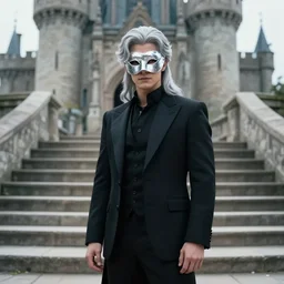 cinematic movie, background is castle and steps, with a silver mask, silver wavy hair, black suit, 4 k