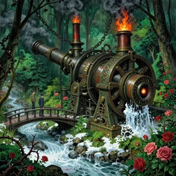 large mechanical device meticulously grinding down the truth and enslaving humanity, ornate, ominous, atmosphere, dark, steam, chains, fire, chimney, rain, wet, fbi, cia, puddles, melting, dripping, snow, creek, lush, ice, bridge, green, forest, roses, thorns, flowers, by stanley artgerm lau, greg rutkowski, thomas kindkade, alphonse mucha