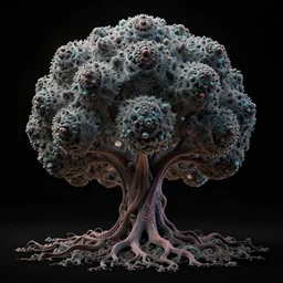 3d fractal wallpaper by Escher, magic tree, dmt, tripy, psychedelic, mandelbulb 3d, digital art, high details, depth of field, hard lighting, trending on artstation, deviantart, octane render, HD, 8k, low light, black background