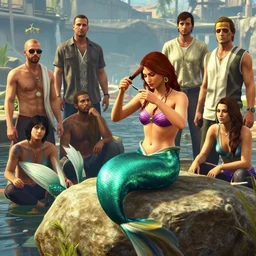 highly detailed in gta v, mermaid sitting on a rock, combing her hair with her hand, unreal engine, fantasy art by greg rutkowski, loish, rhads, ferdinand knab, makoto shinkaib and lois van baarle, ilya kuvshinov, rossdraws, tom bagshaw, global illumination, radiant light, detailed and intricate environment