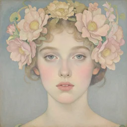 flowers pattern morphing in a beautiful girls face, film still by wes anderson, depicted by balthus, limited color palette, very intricate, art nouveau, highly detailed, lights by hopper, soft pastel colors, minimalist