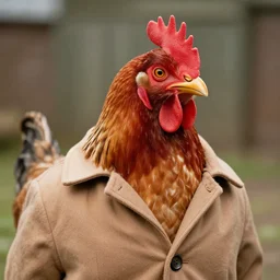 anthropomorphic chicken that looks like a human wearing a coat, photo.