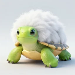 cute turtle with body covered in long white fluffy fur