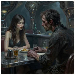 dark oil realistic painting a gaunt man looking at a beautiful brunette woman in a alien cafeteria