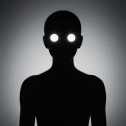 Still photo of humanoid silhouette without any distinctive features, without a face however with large glowing white eyes