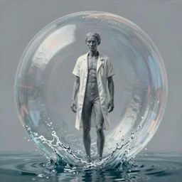 hyperrealist painting of a skinny grey scientist splashing into water out of a giant transparent bubble from howl's moving castle ( 2 0 0 4 ) in a flooded monument valley stonehenge jungle. moody, misty, depth perception.