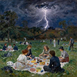 a detailed illustration of a god ruining a picnic in the park, nightmare in the park, small crowd of people, calamity, dark storms with lightning, 8 k, art by claude monet and andreas rocha and albert bierstadt