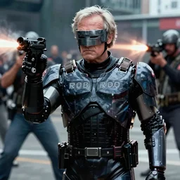 Rudy Giuliani in Robocop (1987)  movie, shootout scene, highly detailed