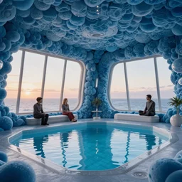 large futuristic interior room made of blue spongious material. Startrek style. With a swimming pool on the floor and large windows showing sea at dawn. 4