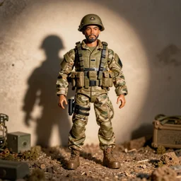 “a photograph of an action figure doll of Kendrick Lamar in army gear”
