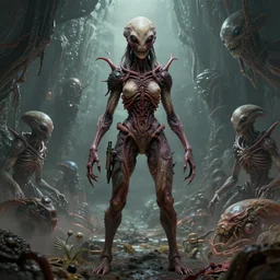 single diseased female in focus on an alien world, artstyle greg rutkowski, horror concept art, model pose, full frame, very intricate details, high resolution, 8 k, award winning