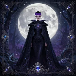 background shows moon, many light effects, particle, lights, gems, symmetrical!!! centered portrait dark witch, large cloak, fantasy forest landscape, dragon scales, fantasy magic, undercut hairstyle, short purple black fade hair, dark light night, intricate, elegant, sharp focus, digital painting, concept art, matte, art by wlop and artgerm and greg rutkowski and alphonse mucha, masterpiece