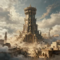 epic photo of an ancient Byzantine city surrounded by clouds, Giant imposing steampunk tower, full of strange steampunk statues and murals, full of smoke and dust, hyper real, Indiana Jones, Tomb Raider, trending on artstation, concept art, photorealistic, cinematic, city
