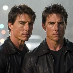 portrait of tom cruise and james bond in the rain, high detail, backlit, frown, wet skin, close headshot, fog, bokeh, streetlights,