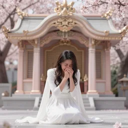 a sobbing woman in a white gown kneeling at a beautiful shrine under a cherry blossom tree, rainy wet, ultradetailed, hd 8 k, agostino arrivabene, oil on canvas, detailed brushstrokes