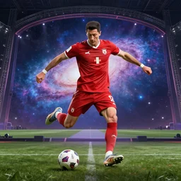 Robert Lewandowski playing football at stage in galaxy, digital art, ultrarealistic, artstation, 8k, hyperdetalied, high quality, high render