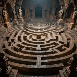 An enormous labyrinth, Beautiful architecture, Statues, Highly detailed carvings, Atmosphere, Dramatic lighting, digital art, 4K, trending on artstation, HD,