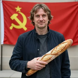 Jordan Peterson in front of a communist flag holding a baguette