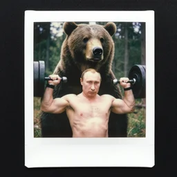 medium close up shot, very muscular vladimir putin pumping iron with grizzly bear, in woods, polaroid photo, vintage, neutral colors, by gregory crewdson